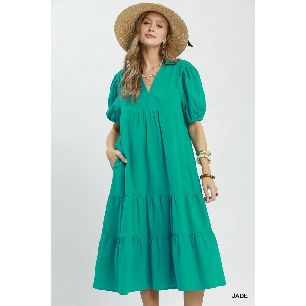 Umgee Solid Tiered Midi Dress - Jade - Large